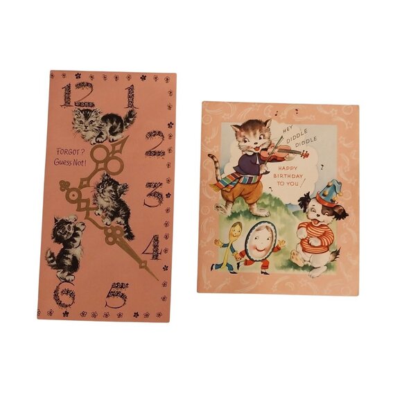 Vintage Birthday Cards Hey Diddle Diddle & Kittens On A Clock Lot of 2 Ephemera - Picture 1 of 7